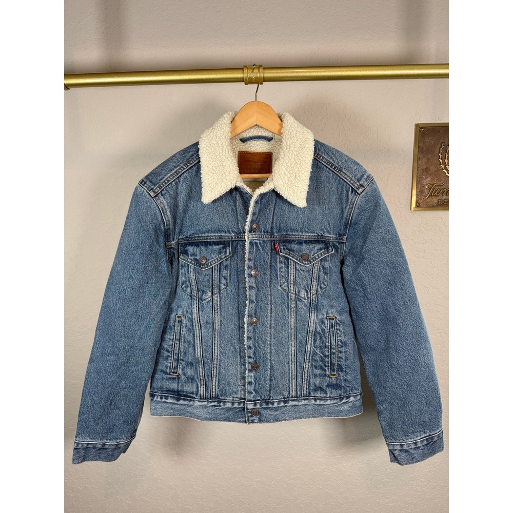 Levis Premium Womens Sherpa Trucker Jacket Medium Wash Denim Blue Size S